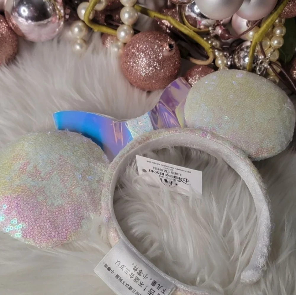 Minnie Ears White Bow Iridescent Glitter Sequins Disney Parks Rare Headband